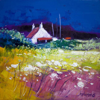 Autumn Gloaming, Isle of Gigha: A vibrant painting featuring a white cottage with red roof amid green bushes and a colorful field, set beneath a deep blue sky.