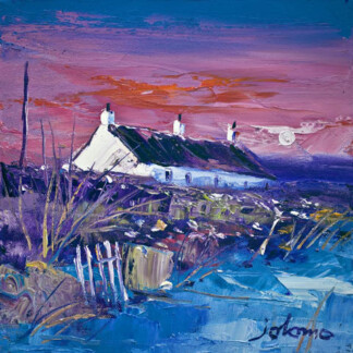 Evening Gloaming, Easdale Island: An impressionist painting of a white cottage with a dark roof set against a vibrant pink and purple sunset sky, blue and purple fields in front, and a full moon rising.