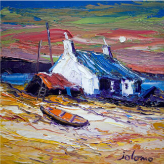 “Storm Coming in East Harris”: A colorful impressionist painting of a white cottage with blue roof by the sea, a red boat on sandy ground, and a vibrant sky swirling with pink, orange, and green.