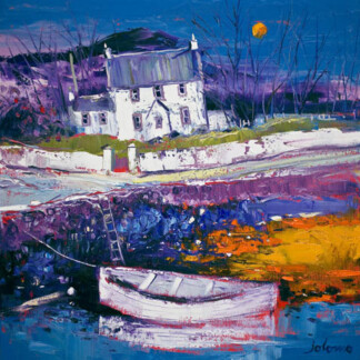 Beached Clinker at Croig: A vibrant painting featuring a white house by a river, a docked rowboat in the foreground, colorful blues, purples, and oranges, bare trees, and a yellow moon illuminating the scene.