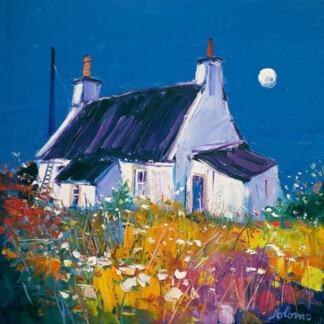 Croft and Moon, Isle of Gigha: A painting of a white cottage with a dark roof, nestled among vibrant wildflowers beneath a deep blue night sky illuminated by a bright full moon.