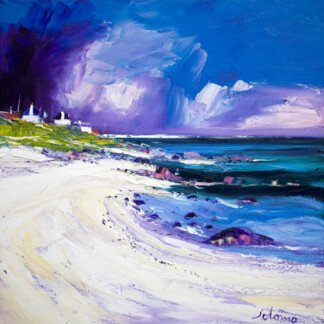 Rain Squall, Balemartine, Isle of Tiree features a vibrant coastal scene with a sandy beach, green grass, small white houses, and dramatic blue and purple clouds swirling over the ocean.