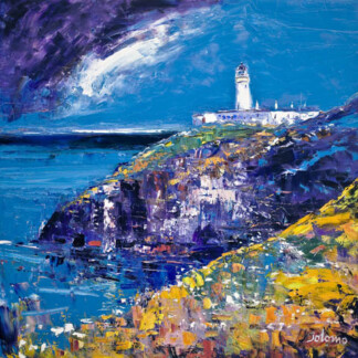 An impressionist painting of Tiumpan Head Light, Isle of Harris, on a cliff above the ocean, with bold blue, purple, and yellow brushstrokes for the sky, sea, and rocky landscape.