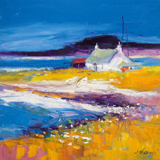 Beached Boats, Isle of Harris depicts a vibrant impressionist scene with white cottages, green roofs, and boats on a yellow coastal field under a deep blue sky. Colorful brushstrokes and wildflowers energize the seaside landscape.