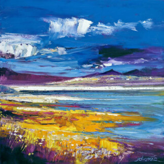 Evening Light, Luskentyre, Isle of Harris is a vibrant impressionist landscape featuring blue sky, white clouds, purple mountains, a sandy shore, and golden-yellow grasses by the water.