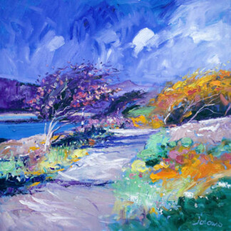 Fresh Day, Scarisdale Oaks, Isle of Mull" depicts a winding path by water, bordered by blooming trees and lush bushes in vivid blues, purples, yellows, and greens beneath a dynamic blue sky.