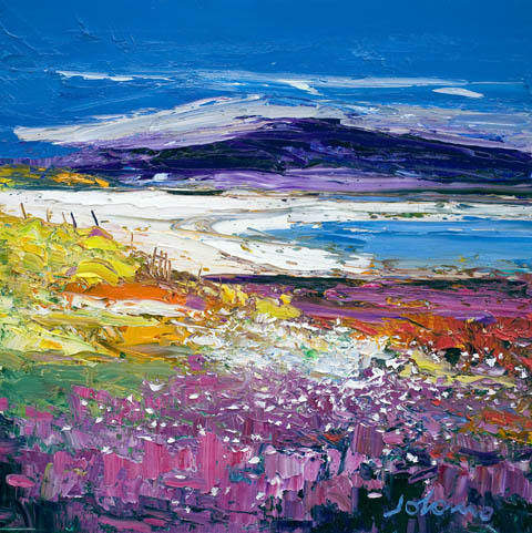 Halaman Bay, Isle of Barra" is a vibrant impressionist landscape painting featuring wildflowers in the foreground, a sandy beach and blue water in the middle ground, and purple mountains beneath a bright blue sky.