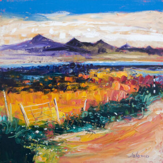Ben More, Isle of Mull" is a colorful impressionist landscape painting showing a dirt path, white gate, vivid orange and green fields, and purple mountains beneath a bright blue sky with wispy clouds.