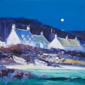 Moon Over the Village, Iona depicts white cottages with green and yellow roofs by the shore beneath a deep blue night sky and bright moon, with small boats resting on the beach in the foreground.