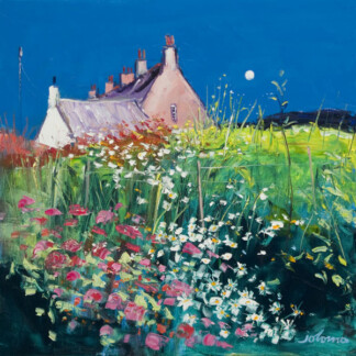 A vibrant painting titled "The Garden, Bishop's House - Iona" depicts a white cottage with chimneys under a deep blue sky and full moon, surrounded by wildflowers and tall grass in the foreground.