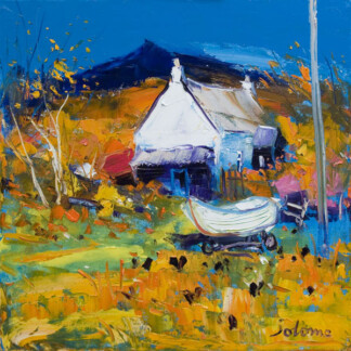 Croft, Boat & Hens, Ballygowan - Isle of Mull" depicts a small white cottage with a boat on a trailer, vivid orange and green foliage, hens nearby, and mountains under a deep blue sky; the artist’s signature is visible.