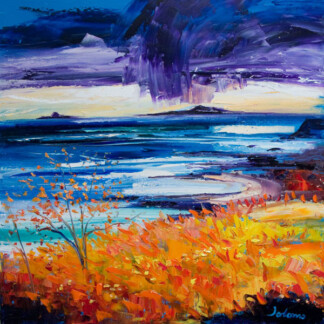 Lunga & The Dutchman's Cap from Torloisk" depicts a dramatic sky with deep blue and purple clouds over a calm sea, orange-yellow foliage in front, and distant islands on the horizon.