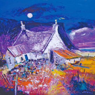 Evening Falls on Archie Baldie's, Gribun" is a vibrant painting depicting a rural cottage at night under a bright moon, with rich purple, blue, orange, and yellow tones highlighting the house, sky, and landscape.