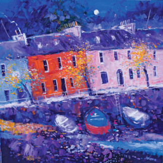 Autumn Gloaming, Tobermory, Mull: Vibrant impressionist art of orange and pink row houses by the water, three moored boats, autumn trees, and a moonlit night sky.