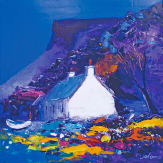 Night Falls on the Gribun Rocks, Mull" depicts a white cottage with a blue roof by purple rocks, vivid yellow, orange, and blue tones creating a lively landscape, with a small white boat in front.