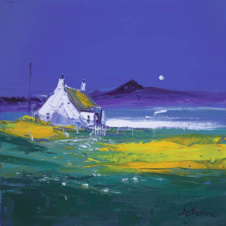 Evening Light Over Mull" depicts a small white cottage with a thatched roof in a vivid green and yellow field beneath a deep blue evening sky, with a bright moon above distant mountains on the horizon.