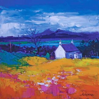 The "Isle of Mull" painting features a small white cottage with a purple roof set in vivid yellow and orange fields, framed by green trees and distant blue mountains beneath a lively blue sky dotted with clouds.