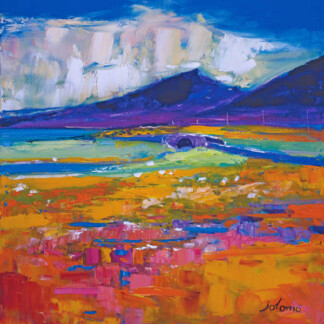 Scarisdale Point, Isle of Mull" is a vibrant landscape painting with bright orange and purple fields, a stone bridge over a river, blue mountains, and a dramatic sky. The artist’s signature is in the bottom right corner.