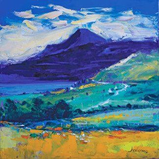 “Evening Light on Ben Talla, Mull” is a vibrant painting featuring a mountain landscape with bright blue sky, dynamic clouds, green hills, yellow fields, and a winding path. The artist’s signature, Solomo, appears at the bottom right.