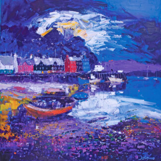 “Stormy Evening, Tobermory, Isle of Mull” is a vibrant impressionist painting featuring a lively harbor at night with boats, red and white buildings, and a swirling blue and yellow sky reflected in the water. Bold brushstrokes add drama to the scene.