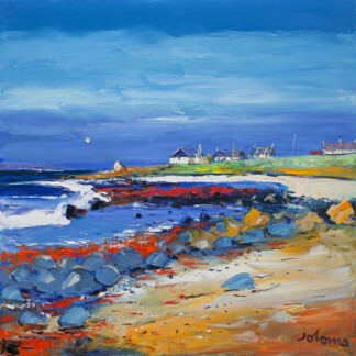 “The Red Rocks at Chleit Kirk Kintyre” depicts a rocky coastline with crashing waves, vibrant orange and blue tones, distant houses, and a broad blue sky. Signed “Jolomo” lower right.