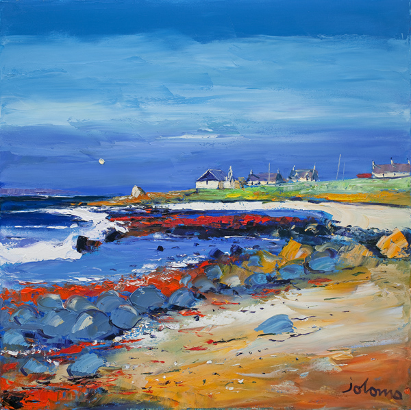 “The Red Rocks at Chleit Kirk Kintyre” depicts a rocky coastline with crashing waves, vibrant orange and blue tones, distant houses, and a broad blue sky. Signed “Jolomo” lower right.