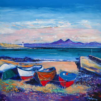 Vibrant painting titled "Beached boats, Loch Indaal Islay" featuring three small boats on the shore, calm blue sea, distant lighthouse, and mountains under a colorful sky with pink, blue, and purple hues.