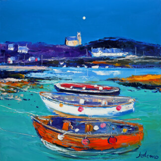 Church and Boats, Arinagour Isle of Coll" is a vibrant painting depicting three colorful boats on turquoise water with a village, church, and moon beneath a deep blue sky. Jolomo’s signature appears in the bottom right corner.