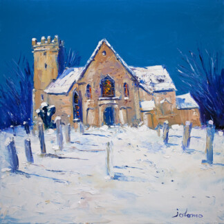 Heavy Snowfall, Cramond Kirk depicts a snow-covered church with a tall tower amid gravestones and trees under a deep blue sky. Thick brushstrokes add wintry texture, with the artist’s signature in the corner.