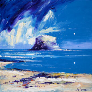 Light Rain on the Bass Rock" is a vibrant, impressionistic painting by Jolomo, depicting a rocky island in a bright blue sea beneath a dramatic, colorful sky, with a sandy shore and bold splashes of color in the foreground.