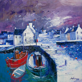 The painting "Snowstorm on the Round Kirk Bowmore Islay" depicts a lively coastal village with red boats, white cottages with blue roofs, and a dramatic purple sky rendered in vibrant impressionist brushstrokes.