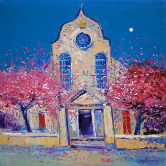 Spring Blossom, Canongate Kirk Edinburgh: A vibrant painting of the church’s tall arched façade, circular stained-glass window, and pointed roof framed by pink-blossomed trees beneath a bright blue sky with a white moon.