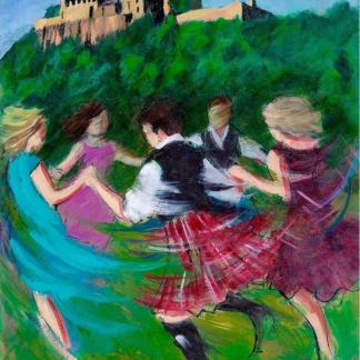 "Ceilidh Amidst Majesty" by Janet McCrorie – a mixed media artwork depicting a traditional Scottish ceilidh set against Edinburgh Castle.
