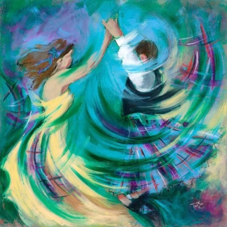 "Ceilidh For Peace" by Janet McCrorie – a vibrant depiction of Scottish dancers in motion, capturing the essence of a traditional ceilidh.