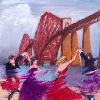 "Footsteps at the Forth" by Janet McCrorie – a vibrant depiction of Scottish dancers performing along the Firth of Forth with the Forth Bridge in the background.