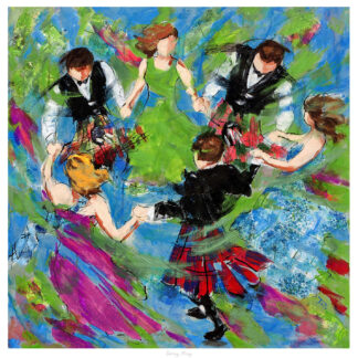 A vibrant painting depicting a group of people in traditional attire dancing, likely a Scottish folk dance, in a swirl of vivid colors.By Janet McCrorie