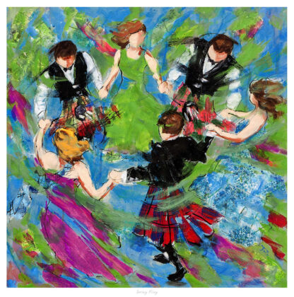 A vibrant painting depicting a group of people in traditional attire dancing, likely a Scottish folk dance, in a swirl of vivid colors.By Janet McCrorie