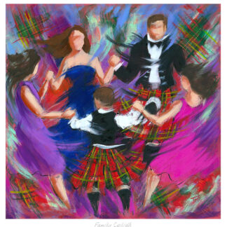 The image depicts an abstract, colorful painting of a family in traditional Scottish attire dancing the Ceilidh.By Janet McCrorie