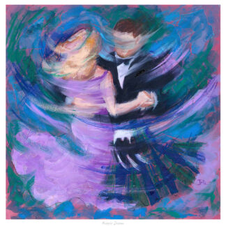 An abstract painting capturing a couple in a swirling dance, with vivid colors and dynamic brushstrokes conveying motion.By Janet McCrorie