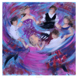 The image displays an impressionist-style painting of a group of people, possibly dancing, in a swirl of blue and pink brushstrokes.By Janet McCrorie
