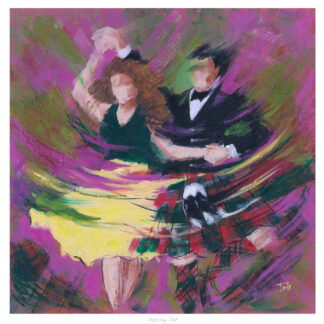 An impressionistic painting of two people in traditional Scottish attire, dancing with blurred motion conveying movement.By Janet McCrorie