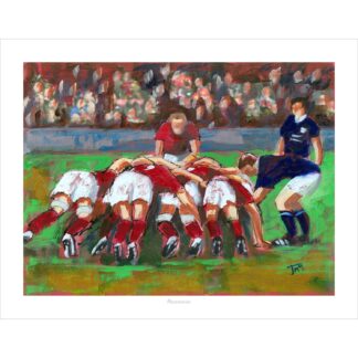 A painting depicting a rugby scrum with players in red and white jerseys engaged against players in navy blue, with spectators in the background.By Janet McCrorie