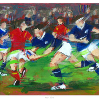 The image shows an expressive, colorful painting of a dynamic rugby match with players in red and blue jerseys in the midst of play.By Janet McCrorie