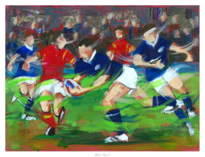 The image shows an expressive, colorful painting of a dynamic rugby match with players in red and blue jerseys in the midst of play.By Janet McCrorie