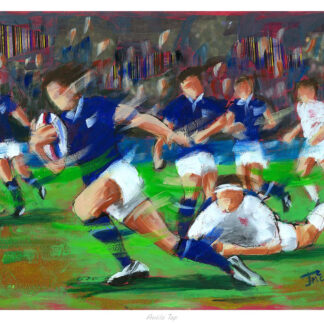 This image depicts a vibrant, impressionistic painting of a dynamic rugby match with players in motion, tackling and running, set against a backdrop of crowded bookshelves.By Janet McCrorie