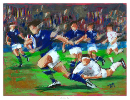 This image depicts a vibrant, impressionistic painting of a dynamic rugby match with players in motion, tackling and running, set against a backdrop of crowded bookshelves.By Janet McCrorie