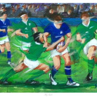 The image depicts an impressionistic painting of a rugby match with players in green and blue jerseys engaged in dynamic play.By Janet McCrorie