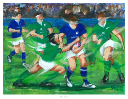 The image depicts an impressionistic painting of a rugby match with players in green and blue jerseys engaged in dynamic play.By Janet McCrorie