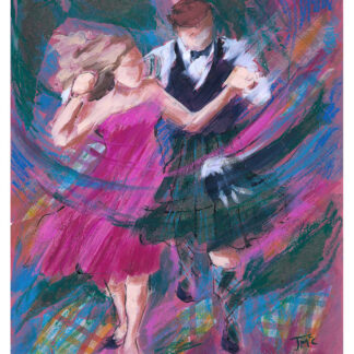A colorful painting of two people engaged in a dance, with vibrant brush strokes depicting movement and emotion.By Janet McCrorie