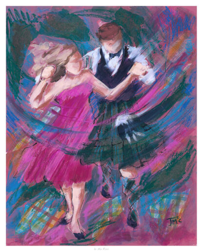 A colorful painting of two people engaged in a dance, with vibrant brush strokes depicting movement and emotion.By Janet McCrorie